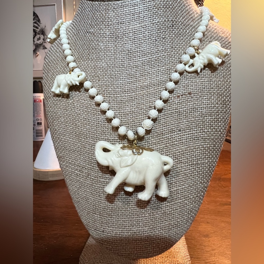 Vintage Lucite/ Celluloid Lucky Elephants Carved Rose Beaded Necklace